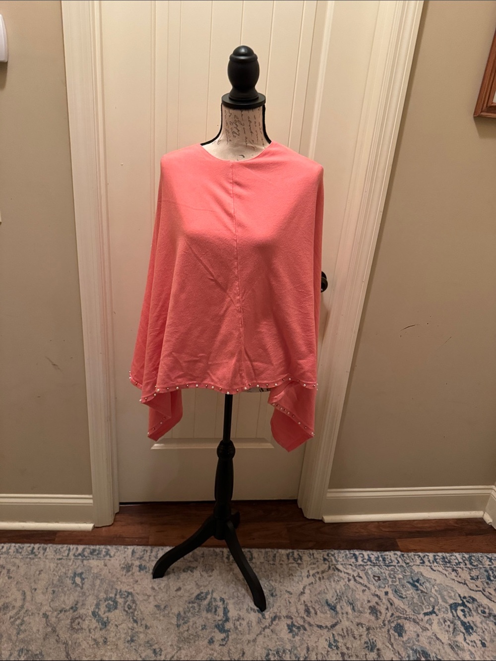 Soft Cotton Women's Coral Pink Poncho Cape with Pearl Trim